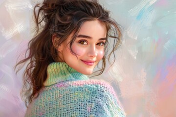 Wall Mural - A teenage girl with tousled brown hair and a warm smile, wearing a cozy oversized knit sweater in a soft pastel shade.