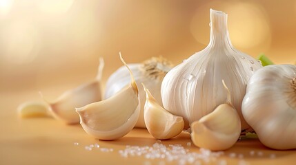 Close-Up of Garlic Bulbs and Cloves on Wooden Surface