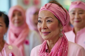 A serene moment captured in a healthcare setting, where a diverse group of women, from different cultures and ages, come together in support of Breast Cancer Awareness Day. They're dressed in pink