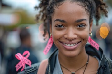 A close-up of a young survivor proudly displaying a pink ribbon pin, symbolizing her victory over breast cancer. Her confident expression inspires hope and awareness among others on Breast Cancer