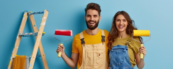 Wall Mural - Two happy house painters in vibrant yellow outfits are posing with paint rollers and grinning in front of a blue backdrop