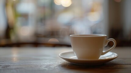 Wall Mural - A white coffee cup sits on a wooden table