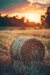 Wall Mural - Hay bale in sunset field