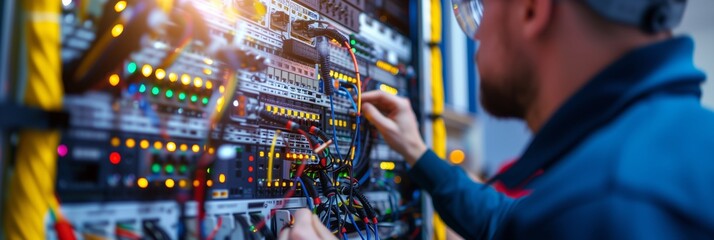 Wall Mural - electrician and engineer work on an electrical circuit with many cables for communication and data transfer