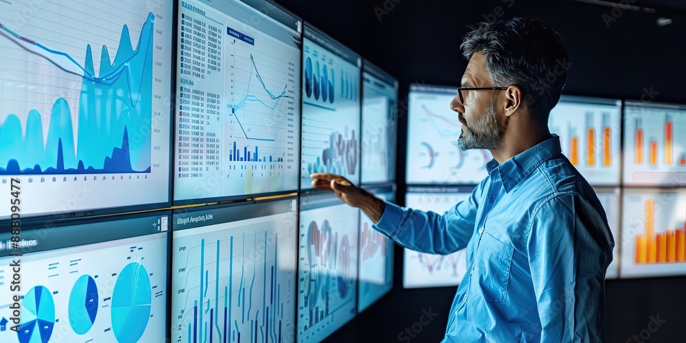 marketing executive and manager looking at charts and graphs to monitor ...