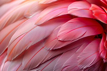 Wall Mural - A close-up of flamingo feathers, showcasing the intricate patterns and colors. , stylish in style of double exposure. pink color scheme.