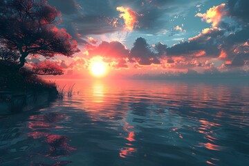 Wall Mural - Tranquil Sunset Over a Serene Lake with Vibrant Clouds