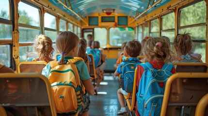 Children with backpacks sitting in bus interior, group of kindergarten students go to school by bus