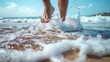 © Ilmi - Seashore relaxation. Man legs and barefoot feet on sand beach with clean transparent sea water and foam splashing. Travel beach banner