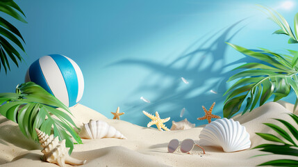 Beach scene design for product display, the composition of volleyball, sunglasses, seashells, starfish and leaves on the sand. Concept of tropical paradise.