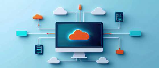 modern flat design illustration showcasing system connections between cloud servers and various devi