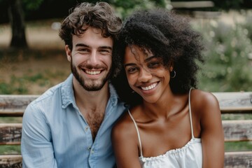 Happy interracial couple on a bench in the park