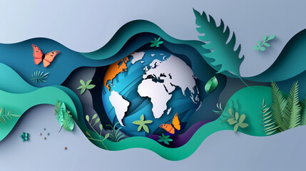 Earth Day concept. Paper cut web template illustration. Multi-color papercut layer showing planet earth surrounded by nature.