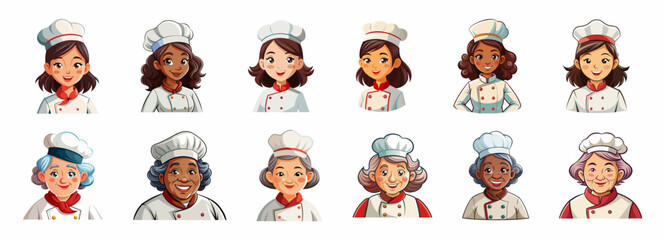 Set of female chefs of various ages and ethnicities isolated on white background. Group of women cooks in uniform. Concept of culinary diversity, kitchen staff. Prints, logo, design elements