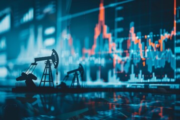 Stock Market Analysis with Oil Pump Silhouettes and Graphs, Blue Tones