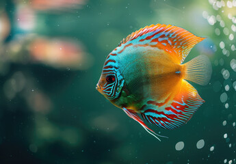 A colorful discus fish with blue and red stripes, swimming gracefully in the water of an aquarium