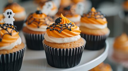 Sticker - Closeup of a spooky Halloween-themed catering setup with black and orange cupcakes decorated with spider webs and ghost toppers 