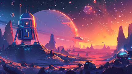 exploration of outer space with a vector scene featuring AI-driven robots on extraterrestrial missions. rovers and drones exploring alien landscapes, showcasing the technological