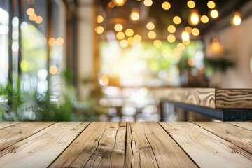 Wall Mural - At sunset, a wooden table top and blurred city traffic can be seen