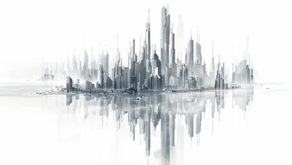 On a transparent background, a futuristic skyline of city buildings can be seen