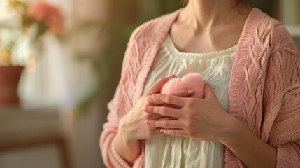 A woman examines her breast in a detailed self-check for early cancer detection. Her hands move methodically, palpating the breast tissue with care. The image captures the importance of