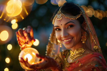 Poster - young indian woman holding lamp