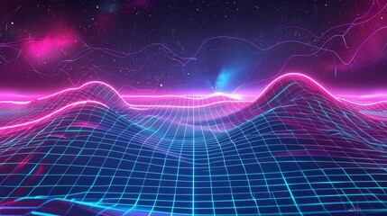 Abstract wireframe net illustration. 80s, 90s retro futurist, retro wave cyber grid. Deep space surfaces. Neon lights glowing. Starry background. Modern 3D rendering.