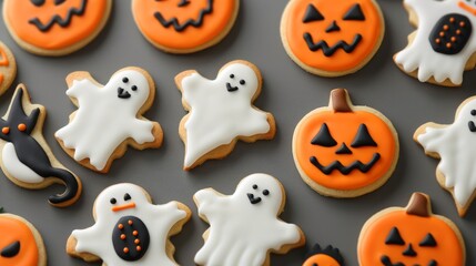 Sticker - Overhead view of a tray of Halloween-themed cookies, including ghosts, pumpkins, and black cats, decorated with colorful icing 