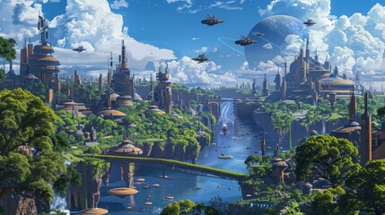 Wall Mural - Vintage sci-fi planet with retro futuristic sunny city.