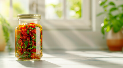 Poster - Sun-dried tomatoes in a glass jar with olive oil and herbs, placed on a kitchen counter with a sunny window in the background 