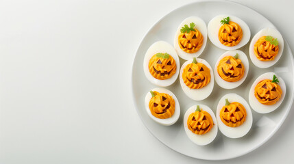 Poster - Top view of a platter of deviled eggs decorated as Halloween pumpkins, isolated on a white background 