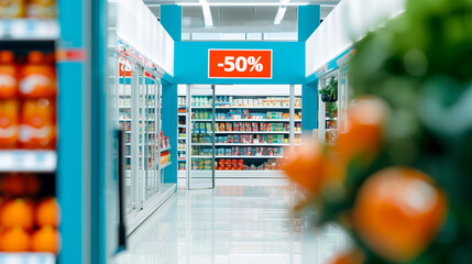 Wide shot of a supermarket entrance with prominent -50% posters and banners, inviting customers inside 