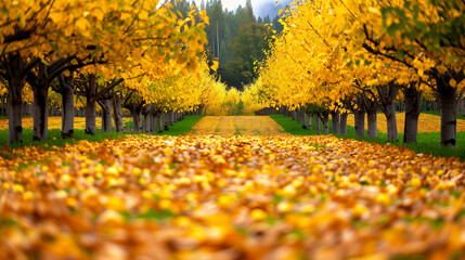 Poster - Wide shot of an orchard being fertilized in autumn, with rows of trees and golden leaves on the ground 