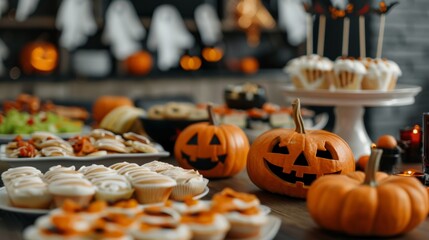 Sticker - Wide-angle shot of a Halloween banquet with elaborate decorations, including hanging ghosts, carved pumpkins, and a variety of spooky dishes 