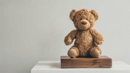 Poster - Teddy bear on wooden base against white backdrop