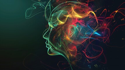 Wall Mural - the outline of a head, with imaginative abstract colors swirling and intertwining, suggesting the ev