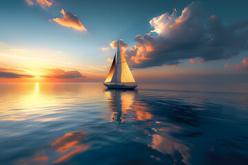 Poster - Sailboat gracefully sailing on calm seas, billowing sails catching breeze .Sailboat gliding on water at dusk, with clouds in sky and sun setting on horizon