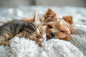 Wall Mural - Yorkshire Terrier and kitten sleeping together on bed.