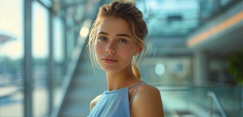 Wall Mural - Young Woman With Blonde Hair Posing in Front of a Blurred Background