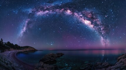 A panoramic view of a starry sky over the ocean, with the Milky Way reflecting on the water.