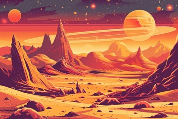 Cosmos, astronomy, sci-fi, fantasy and arts concept. Retro style color illustration of planets and stars. Style of minimalist 70-80's pastel shades and grunge.