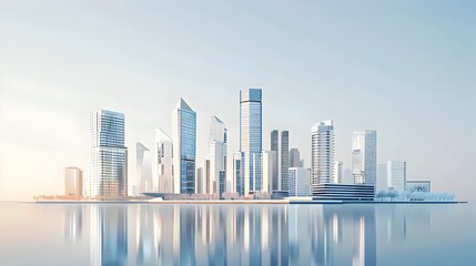 Poster - Futuristic Modern Cityscape with Sleek Skyscrapers and Reflective Glass Buildings Overlooking a