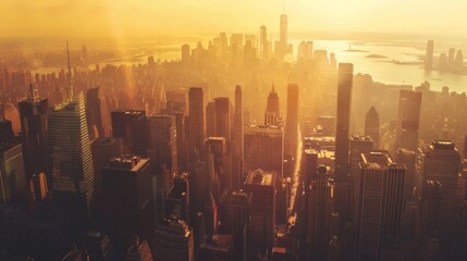 Sticker - Aerial view of a bustling cityscape with modern skyscrapers and landmarks, bathed in golden sunlight.