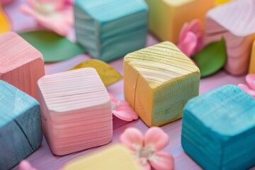 Wall Mural - A table topped with lots of colorful wooden blocks