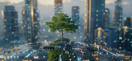 The futuristic bonsai tree in a blue bowl is framed by the sci-fi cityscape