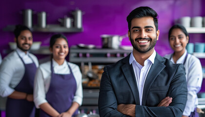 young indian businessman standing with hotel staff