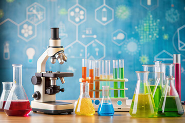 Colorful science laboratory background with assorted beakers and test tubes, a microscope icon on a cluttered lab bench, emphasizing scientific experimentation concept.