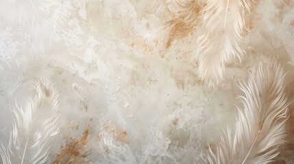 Muted earth tones backdrop with feather patterns and golden highlights