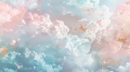 Canvas Print - Soft pastel gradients of pink blue wallpaper with cloud patterns gold threads