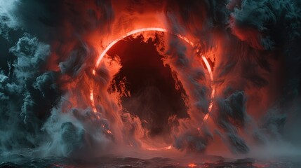 Wall Mural - thick billows of smoke erupting from a circular void, illuminated by ominous red glows, creating a s